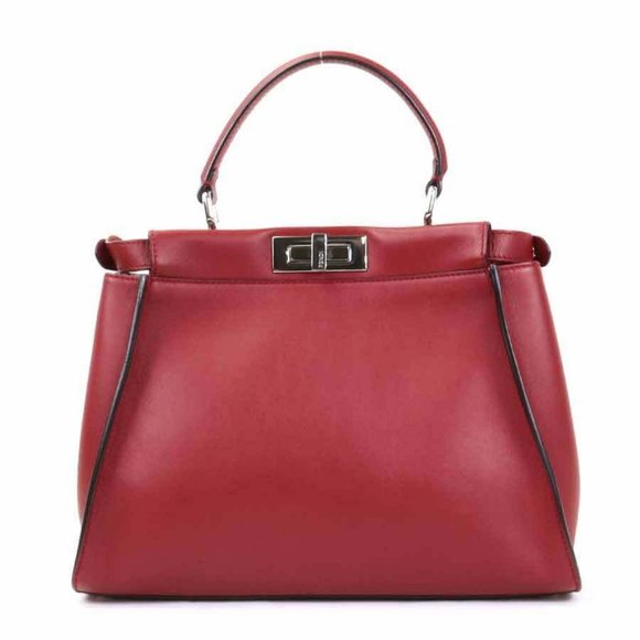 Authentic FENDI Peekaboo Handbag Shoulder Bag Dark Red Leather/Silvertone - Picture 15 of 16